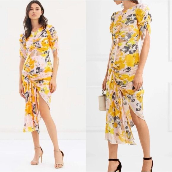 Alice McCall Soiree Saffron Floral Asymmetrical Midi Dress Women’s 6 EUC - Picture 1 of 9